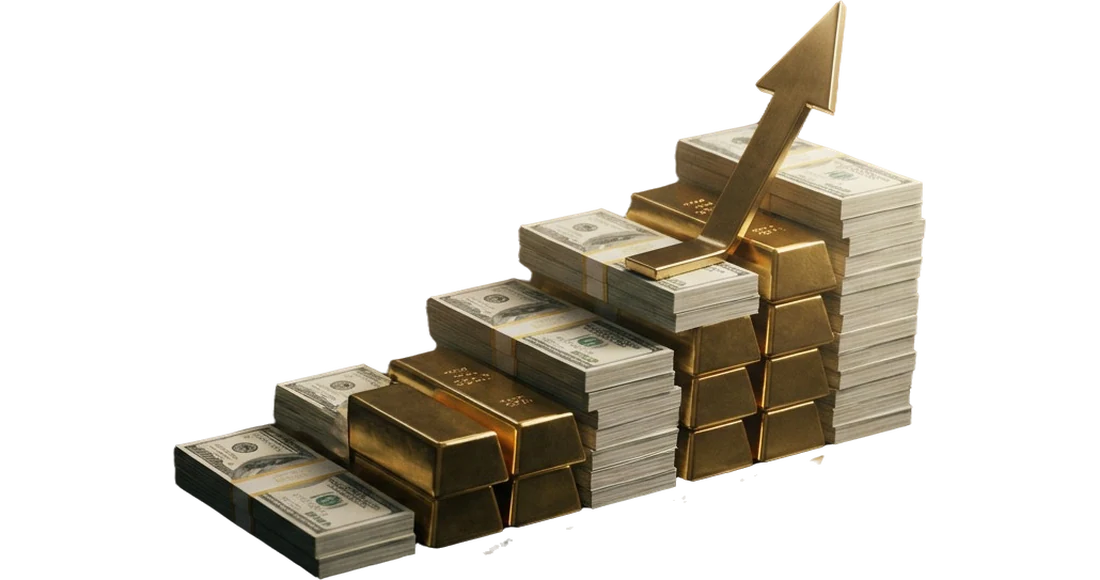 Ascending staircase of banknotes and gold bars